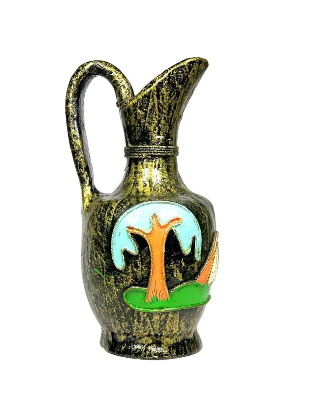Mexican Pottery Abstract Trees & House Pitcher Vintage MCM Folk Art Decor